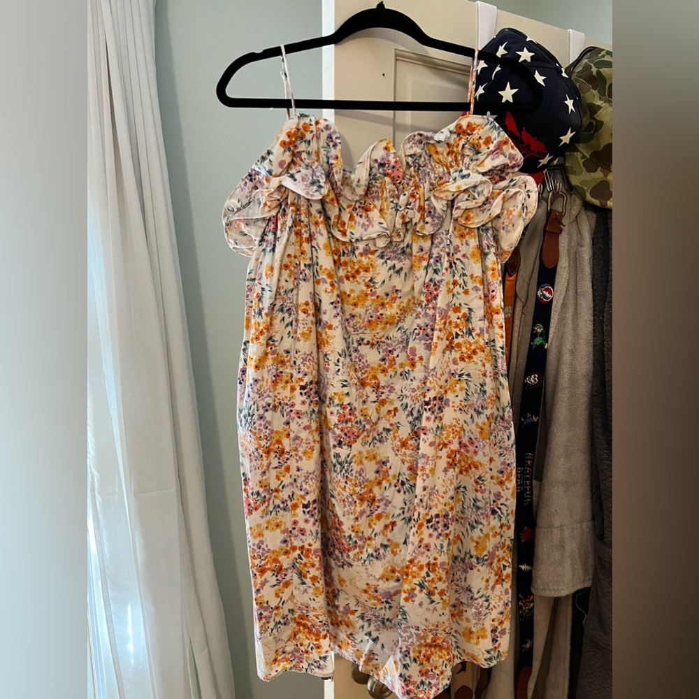 H&M linen blend floral dress with ruffle
